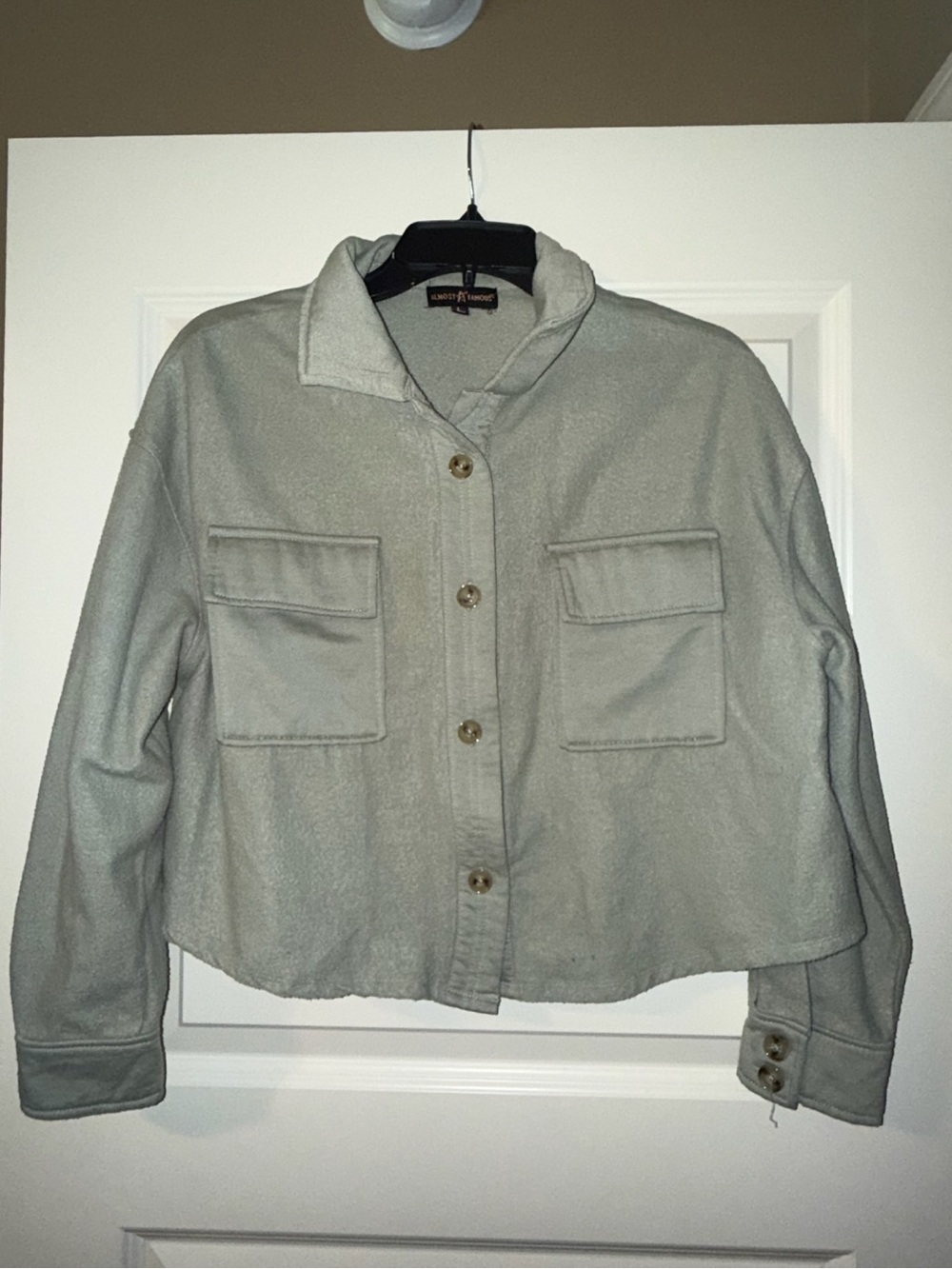 Almost Famous Light Gray Cropped Button-Up Teddy Jacket